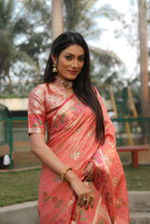 Outstanding Organza Peach Color Patola Silk Sarees